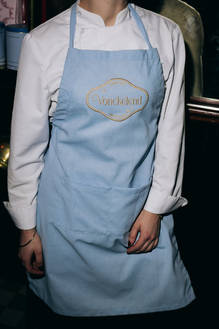 Lichtblauw Vonckelend schort van 100% katoen met geborduurd logo